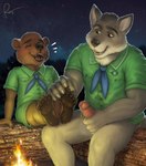 5_fingers 5_toes adult_on_child adult_on_young age_difference anthro anthro_on_anthro barefoot black_lips blush bodily_fluids bottomless bottomless_anthro bottomless_male brown_body brown_ears brown_fur claws clothed clothed_anthro clothed_male clothing erection feet finger_claws fingers foot_fetish fully_clothed fully_clothed_anthro fully_clothed_male fur genital_fluids genitals glans green_clothing green_topwear grey_body grey_ears grey_fur hand_on_penis larger_male lips male male/male masturbation older_male pawpads penile penile_masturbation penis pink_glans pink_penis precum scout_uniform sitting size_difference soles teeth tickling tickling_feet toe_claws toes tongue topwear young young_anthro young_male rov bear canid canine canis mammal wolf hi_res signature