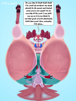 anthro belly big_butt blue_bra blue_clothing blue_underwear blush bodily_fluids bottomwear bra breasts butt butt_crush butt_smother butt_sniffing camel_toe clothing dialogue duo extreme_size_difference facesitting female hand_on_butt legs_up looking_down looking_down_at_another micro navel open_mouth pink_eyes shorts sitting_on_another size_difference smothering sniffing speech_bubble sweat sweaty_butt tail tail_motion tailwag text thick_thighs underwear white_body jigglyjuggle nintendo pokemon doggy_(jigglyjuggle) canid canine canis domestic_dog generation_3_pokemon mammal pokemon_(species) zangoose 2023 absurd_res digital_drawing_(artwork) digital_media_(artwork) english_text hi_res signature