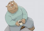 anthro beverage bottomwear brown_body brown_fur clothing coffee container cup fur kemono male mug overweight overweight_male pants shirt sitting solo topwear pommn_mn mammal suid suine sus_(pig) wild_boar 2025 hi_res