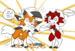 :3 all_fours ambiguous_gender anthro black_nose claws duo exclamation_point feral food fur grin humor orange_body orange_fur paws red_body red_fur simple_background smile teeth text toony fiddleafox cheetos frito-lay nintendo pokemon canid canine dusk_lycanroc generation_7_pokemon lycanroc mammal midnight_lycanroc pokemon_(species) 2017 english_text