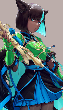 armor black_clothing black_dress black_hair blue_bottomwear blue_clothing blue_eyes blue_hair blue_highlights blue_skirt bottomwear clothing dark_body dark_skin dress female green_armor grey_background hair highlights_(coloring) simple_background skirt staff aduti_momoyama fire_emblem fire_emblem_shadows nintendo alberta_(fire_emblem) animal_humanoid felid felid_humanoid humanoid mammal mammal_humanoid pantherine pantherine_humanoid absurd_res hi_res