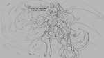16:9 2019 3_toes anthro breasts clothing cygames dialogue digital_drawing_(artwork) digital_media_(artwork) dragalia_lost dragon english_text feet female fire grey_background horn magic melee_weapon monochrome mym_(dragalia_lost) mythological_creature mythological_scalie mythology nintendo scalie simple_background sketch solo spikes tail text toes torn_clothing watsup weapon widescreen wings