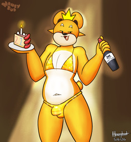 alcohol anthro beverage bikini bikini_bottom bikini_top blush bulge cake cake_slice clothed clothing crossdressing dessert detailed_bulge food glistening glistening_bikini glistening_clothing glistening_swimwear gold_bikini gold_bikini_bottom gold_bikini_top holding_object looking_at_viewer male navel open_mouth short_tail solo sparkles swimwear tail tongue two-piece_swimsuit two_piece_suit wine wine_bottle honeybud golden_week twinkie_(honeybud) bear mammal absurd_res hi_res