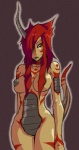 anthro black_nipples breasts fangs female hair hair_over_eye horn nipples non-mammal_breasts non-mammal_nipples nude one_eye_obstructed red_hair solo tail teeth momorodent mythology dragon mythological_creature mythological_scalie scalie