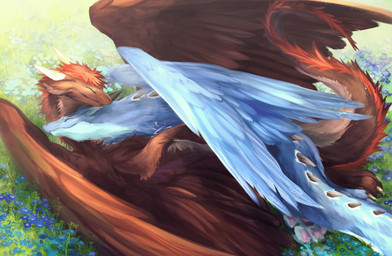 ambiguous_gender back_spikes blue_body blue_feathers blue_fur brown_body brown_feathers brown_fur cuddling duo eyes_closed feathers female feral flower flower_field fur horn male male/female nuzzling plant solo spikes spikes_(anatomy) white_body white_fur white_horn drakoyotto zephyr_lightwing mythology zephy_(nightfire_zephyr) dragon furred_dragon furred_scalie mythological_creature mythological_scalie scalie 2025 absurd_res hi_res