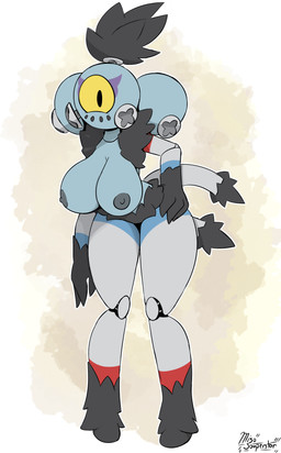 1_eye alternate_species big_breasts black_body black_eyes black_fur black_hair blue_body breasts female front_view fur grey_body grey_nipples hair hand_on_hip huge_breasts huge_thighs humanoidized looking_at_viewer markings metallic_body nipples purple_body purple_markings red_markings solo tail tail_tuft thick_thighs tuft yellow_sclera miso_souperstar nintendo pokemon ancient_pokemon cyclops generation_9_pokemon humanoid paradox_pokemon pokemon_(species) sandy_shocks 2023 absurd_res digital_media_(artwork) hi_res