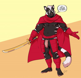 anthro armor balls black_body black_fur cape clothing dialogue flaccid fur genitals gloves greaves hair half-closed_eyes handwear humanoid_genitalia humanoid_penis katana leg_wraps male markings melee_weapon narrowed_eyes penis simple_background solo speech_bubble striped_body striped_fur striped_markings stripes sword text vein veiny_penis weapon white_hair white_stripes wraps naughtyjester cartoon_network mao_mao:_heroes_of_pure_heart felid mammal pantherine tiger 2019 english_text hi_res