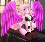 ahoge anthro bed big_breasts blue_eyes breasts cleavage clothed clothing crystal female fur furniture hair lingerie long_hair pink_body pink_fur pink_hair solo wings adorableinall mariah_veiethe canid canine canis mammal wolf digital_media_(artwork)