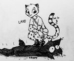2021 anthro bottomwear burnt cheetah clothed clothing duo felid feline fully_clothed hi_res inktober inktober_2021 lying lynx mammal marc_(theblueberrycarrots) monochrome on_front shirt shorts t-shirt theblueberrycarrots topwear traditional_media_(artwork)