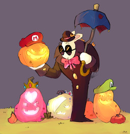 anthro arms_bent black_clothing black_eyewear black_hat black_headwear black_sunglasses black_trenchcoat bow_tie button_(fastener) closed_smile clothed clothed_male clothing crown eyewear fur gem gourd grass green_clothing green_hat green_headwear grey_sky hat headgear headwear holding_jack-o'-lantern holding_object holding_umbrella holidays jack-o'-lantern light long_ears male male_anthro mitten_hands mouth_closed noseless outside pink_bow_tie plant red_clothing red_hat red_headwear ruby_(gem) sapphire_(gem) sky smile solo standing sunglasses tan_inner_ear thin_eyebrows umbrella white_body white_fur madimuffin75 halloween mario_bros mario_plus_rabbids_sparks_of_hope nintendo raving_rabbids rayman_(series) ubisoft t.s._woodrow lagomorph mammal rabbid 2023 colored crossover digital_drawing_(artwork) digital_media_(artwork) english_description hi_res lighting shaded signature