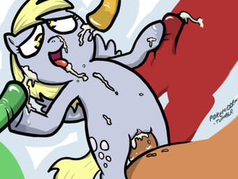blonde_hair bodily_fluids bukkake cum cum_in_vagina cum_inside cumshot cutie_mark ejaculation erection feathered_wings feathers female feral genital_fluids genitals grey_body grey_feathers group hair male male/female orgasm penetration penis sex vaginal vulva wings onihidden friendship_is_magic hasbro my_little_pony mythology derpy_hooves_(mlp) equid equine mammal mythological_creature mythological_equine pegasus 4:3 low_res source_request