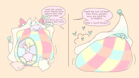 ambiguous_gender bedding belly big_belly blanket bloated bodily_fluids comfy endosoma feral genital_fluids group hole_(anatomy) mass_vore mouth_full objectum pillow plushie plushie_vore plushophilia praise safe_vore speech_bubble stuffing tail_butt text unusual_bodily_fluids unusual_genital_fluids vore zipper claustrophile mythology quildie animate_inanimate dragon mythological_creature mythological_scalie scalie absurd_res english_text hi_res