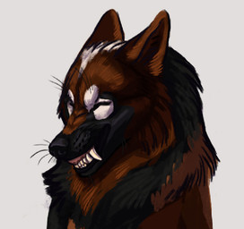 ambiguous_feral ambiguous_gender bared_teeth black_body black_fur black_nose brown_body brown_ears brown_fur eyes_closed facial_markings feral fur head_markings markings simple_background solo teeth white_background white_markings heatherwolf canid canine mammal