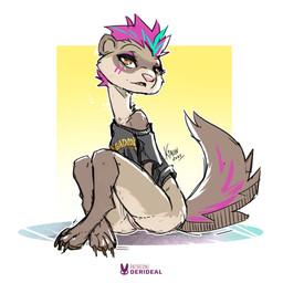 anthro bottomless bottomless_female brown_body brown_fur brown_tail clothed clothing facial_markings female fur genitals hair head_markings markings mask_(marking) pink_hair pink_nose shirt solo tail topwear vulva kiaun brolly_ferret domestic_ferret mammal mustelid musteline true_musteline weasel 1:1 2025 hi_res