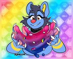 anthro bisexual_pride_colors black_bow_tie blue_body blue_fur bow_tie breasts claws featureless_breasts female fur genderqueer_pride_colors lgbt_pride markings pawpads philadelphia_rainbow_pride_colors pink_pawpads placard pride_color_placard pride_color_sign pride_color_slime pride_colors rainbow_background rainbow_pride_colors simple_background slime solo transgender_pride_colors yellow_markings puppeon nintendo pokemon pup_(puppeon) canid canine canis domestic_dog generation_4_pokemon luxio mammal pokemon_(species) absurd_res hi_res