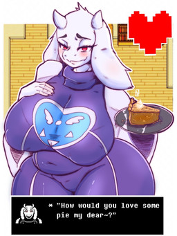 anthro big_breasts blush breasts clothed clothing dialogue dress eyelashes fangs female floppy_ears food fur hand_on_chest heart_symbol holding_food holding_object horn huge_breasts looking_at_viewer lop_ears navel_outline nipple_outline pastry pie purple_clothing purple_dress red_eyes slightly_chubby smile solo talking_to_viewer teeth text text_box thick_thighs white_body white_fur white_horn wide_hips xenexarts undertale_(series) toriel boss_monster_(undertale) bovid caprine goat mammal hi_res