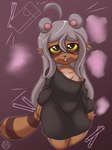 anthro big_butt big_eyes butt cigar cigar_smoke cigarette clothing female hair long_hair long_shirt looking_at_viewer simple_background smile smoke solo linyxart smooky mammal procyonid raccoon 2023 digital_drawing_(artwork) digital_media_(artwork) hi_res shaded