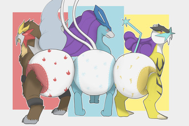 ambiguous_gender ass_to_ass bent_tail big_diaper black_body black_markings blue_body blue_tail blush blush_lines brown_body brown_fur butt butt_focus claws clean_diaper clothed clothing diaper diaper_only fangs feral frown fur grey_body grey_claws grey_fur grey_tail grey_toe_claws group hair head_crest leg_markings lightning_bolt long_hair looking_back markings multicolored_body multicolored_fur narrowed_eyes pattern_diaper presenting presenting_diaper presenting_hindquarters purple_hair rear_view sabertooth_(anatomy) side_by_side simple_background socks_(marking) tail tan_body tan_claws tan_fur tan_toe_claws teeth toe_claws topless trio two_tone_tail wearing_diaper white_body white_tail yellow_body scripin nintendo pokemon entei generation_2_pokemon legendary_pokemon pokemon_(species) raikou suicune 2026 3:2 hi_res