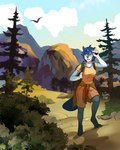 anthro backpack clothed clothing female heterochromia hiking mountain solo stroll walking ariannafray_pr nintendo pokemon minatsu_(boredomtool) generation_5_pokemon oshawott pokemon_(species) 2023 hi_res