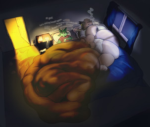 anthro bed belly clothing curtains curtains_open door duo excessive_feces eyes_closed feathers feces floor fur furniture green_body green_feathers green_fur grossed_out hair hyper hyper_feces inside lamp lying male male/male night open_door overweight pooping pooping_on_another shirt sleeping slob soiling tail text thoughts topwear window hydys_kithe mythology levi_(fatcat4t4) avali dragon mythological_creature mythological_scalie scalie hi_res