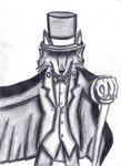 2010 absurd_res anthro beard black_nose black_tie_(suit) bow_tie button_(fastener) cane canid canine canis cape claws clothing facial_hair fur glistening glistening_nose gloves handwear hat headgear headwear hi_res looking_down male mammal schreckengast simple_background solo suit top_hat traditional_media_(artwork) whisker_spots white_background wolf