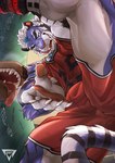 anthro bathroom beard blue_body blue_eyes blue_fur blue_highlights bottomwear brown_body brown_fur chest_tuft claws clothing facial_hair fangs finger_claws footwear fur graffiti hair highlights_(coloring) licking licking_lips logo low-angle_view male muscular muscular_anthro muscular_male open_mouth pawpads public_restroom red_bottomwear red_clothing red_footwear red_jersey red_shoes red_shorts red_sneakers restroom_stall shoes shorts sneakers socks solo striped_body striped_fur stripes tail teeth text text_on_wall tongue tongue_out tuft vandalism white_body white_clothing white_footwear white_fur white_hair white_socks worm's-eye_view estper bluedy_(estper) canid canine canis domestic_dog felid mammal pantherine tiger 2025 absurd_res artist_logo hi_res