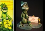 1966 20th_century ambiguous_gender amphibian ancient_art derp_eyes english_text frog frogs grandfathered_content group leaf lily_pad nightmare_fuel plant plastic sculpture_(artwork) sign size_difference teeth text traditional_media_(artwork) unknown_artist