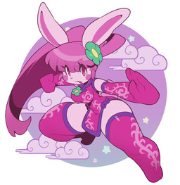 accessory anthro armwear asian_clothing bow_ribbon breasts clothing cloud dress east_asian_clothing elbow_gloves female fighting_pose fist flower flower_in_hair fur gloves hair hair_accessory handwear huge_hips huge_thighs kung_fu legwear open_mouth pink_armwear pink_body pink_clothing pink_dress pink_elbow_gloves pink_eyes pink_fur pink_gloves pink_hair pink_handwear pink_legwear pink_thigh_highs plant pose rosy_cheeks simple_background small_waist solo star thick_thighs thigh_highs white_background wide_hips sanjiro chao_pyon_pyon lagomorph leporid mammal rabbit hi_res