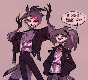 alternative_fashion anthro black_text clothing dialogue duo female fur goth grey_body grey_fur grey_hair hair jacket leather leather_clothing leather_jacket leather_topwear long_hair looking_up male pink_background ponytail punk red_eyes short_hair simple_background smile speech_bubble text tongue tongue_out topwear white_face hanekdraws hellaverse helluva_boss octavia_(helluva_boss) stolas_(helluva_boss) avian bird owl owl_demon absurd_res english_text hi_res daughter_(lore) father_(lore) father_and_child_(lore) father_and_daughter_(lore) parent_(lore) parent_and_child_(lore) parent_and_daughter_(lore)