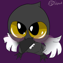 anthro beak black_body chibi feet male purple_background simple_background size_difference smaller_male solo talons toes white_hands yellow_eyes vvitchpunk fototeta avian bird 1:1 hi_res meme