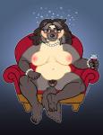 alcohol anthro areola bedroom_eyes belly beverage big_breasts biped black_body black_fur black_hair breasts chair claws container cup curvy_figure drinking_glass drunk eyewear feet female fur furniture genitals glass glass_container glass_cup glasses grey_body grey_fur hair half-closed_eyes jewelry looking_at_viewer mature_anthro mature_female multicolored_body multicolored_fur narrowed_eyes navel necklace nipples nude overweight overweight_anthro overweight_female presenting pubes pussy raised_leg seductive simple_background sitting smile soles solo substance_intoxication tan_body tan_fur toe_claws two_tone_body two_tone_fur voluptuous wine wine_glass embriel rosanne_hayes gulonine mammal mustelid musteline wolverine 2017 digital_media_(artwork)