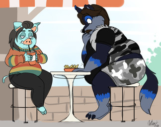 3_toes 5_fingers anthro arms_bent awning barefoot beverage black_claws black_clothing black_eyebrows black_eyes black_shirt black_t-shirt black_topwear blue_body blue_fur blue_hooves blue_sky blue_tail bottomwear bowl brick_wall brown_eyebrows brown_facial_hair brown_hair brown_mustache brown_wall camo camo_clothing camo_print camo_shirt camo_topwear camo_vest cheek_tuft chubby_cheeks claws clothed clothed_anthro clothed_female clothed_male clothing cloven_hooves container cup day detailed_background dipstick_tail double_chin drinking drinking_straw duo eyebrow_through_hair eyebrows facial_hair facial_piercing facial_tuft feet female female_anthro fingers floppy_ears fluffy fluffy_tail food fries fully_clothed fully_clothed_anthro fully_clothed_female fully_clothed_male fur furniture grey_bottomwear grey_clothing grey_hair grey_inner_ear grey_shorts grey_tail_tip grey_topwear grey_vest hair half-closed_eyes holding_beverage holding_container holding_cup holding_object hooved_fingers hooves larger_anthro larger_male lip_piercing looking_at_beverage looking_at_food looking_at_object male male_anthro markings medium_hair multicolored_body multicolored_clothing multicolored_fur multicolored_sweater multicolored_topwear mustache narrowed_eyes obese obese_anthro obese_male orange_clothing orange_sweater orange_topwear outside overweight overweight_anthro overweight_female overweight_male pattern_clothing pattern_shirt pattern_topwear pattern_vest piercing plant pockets shirt short_hair shorts shrub sitting_on_stool size_difference sky slightly_chubby smaller_anthro smaller_female stool sweater t-shirt table tail tail_markings tan_inner_ear thick_thighs toe_claws toes topwear torn_ear translucent translucent_hair tuft tusks two_tone_tail vest wall_(structure) beastofeuthanasia james_"ashley"_potter_jr. manta_veera_amanda canid canine canis domestic_pig mammal suid suine sus_(pig) wolf 2020 colored_sketch dated digital_drawing_(artwork) digital_media_(artwork) english_description flat_colors hi_res signature sketch