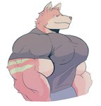 anthro biceps big_muscles brown_nose clothing fur green_body green_fur green_stripes huge_muscles male multicolored_body multicolored_fur muscular muscular_anthro muscular_male pecs pink_body pink_fur red_eyes shirt simple_background smile solo striped_body striped_fur stripes tan_body tan_fur tight_clothing topwear white_background crocobu kane_(crocobu) canid canine canis mammal wolf absurd_res hi_res