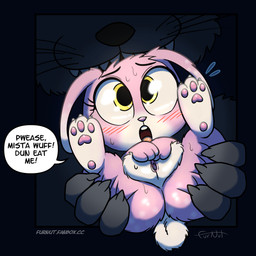 big_butt blush butt dialogue eyelashes female feral fur genitals imminent_oral_vore imminent_vore loli pink_body pupils size_difference smaller_female speech_bubble text vulva yellow_eyes young furnut lagomorph leporid mammal rabbit 1:1 absurd_res english_text hi_res
