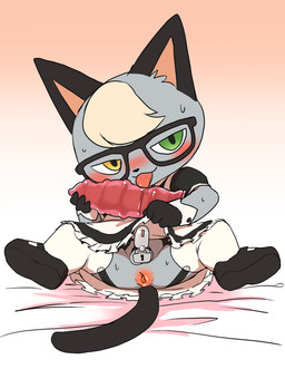 anthro anus balls blush butt chastity_cage chastity_device clothed clothing crossdressing crossdressing_male dildo genitals gradient_background grey_body heterochromia kemono licking lock male padlock sex_toy shota simple_background sitting solo tongue tongue_out young young_anthro young_male manmosu_marimo animal_crossing nintendo raymond_(animal_crossing) domestic_cat felid feline felis mammal 2020