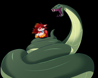 ambiguous_gender angry animal_print anthro big_breasts black_background blue_eyes breasts captured cleavage clenched_teeth clothed clothing coiling duo fangs female feral fur green_body green_eyes green_scales hair long_tongue looking_back open_mouth red_body red_fur red_hair restrained scales serpentine shirt simple_background teeth tiger_print tongue tongue_out topwear white_body white_fur goblinhordestudios boa_(snake) boa_constrictor boinae canid canine fox mammal reptile scalie snake 2015 hi_res