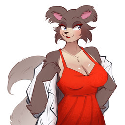 anthro arm_tuft blazer blue_eyes blush breasts brown_body brown_fur chest_tuft cleavage clothed clothing dress elbow_tuft eyelashes female fur lipstick looking_aside makeup mascara pose red_clothing red_dress red_lipstick red_mascara simple_background solo standing sundress tail tuft undressing white_background zevulpes beastars juno_(beastars) canid canine canis mammal wolf 1:1 2026 hi_res pinup portrait three-quarter_portrait