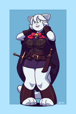 anthro belt big_breasts bow_(feature) bow_tie breasts cape cloak clothing corset dagger female footwear fur gloves hair handwear heterochromia hood lingerie melee_weapon scabbard sheathed_weapon solo sword topwear weapon white_body white_fur white_hair blazbaros hashimoto-chan domestic_cat felid feline felis mammal 2:3 hi_res