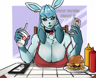 anthro anthrofied beverage big_breasts black_nose blue_body blue_fur blue_sclera blush bodily_fluids breast_rest breasts burger choker cleavage clothed clothing colored_nails condiment dialogue ear_piercing electronics eyelashes female food front_view fur holding_beverage holding_object holding_phone huge_breasts jewelry ketchup looking_at_viewer mustard nails necklace open_mouth pawpads phone piercing purple_background red_clothing red_topwear simple_background solo sweat sweatdrop talking_to_viewer text topwear white_background white_eyes white_nails roofieredd nintendo pokemon eeveelution generation_4_pokemon glaceon pokemon_(species) hi_res