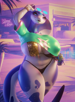 anthro big_breasts bikini breasts clothing eyewear female glasses monster_energy_can neon_sign non-mammal_breasts sign solo swimming_pool swimwear thick_thighs two-piece_swimsuit wardrobe_malfunction white_body wide_hips vllrukkin captainflapcats_(rigger) kpnbo_(modeler) valorlynz_(modeler) gta_vi_cover_girl nisha_(bluedingo) reptile scalie snake 3d_(artwork) absurd_res digital_media_(artwork) hi_res