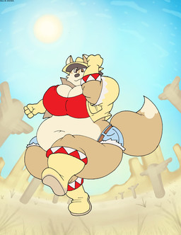 anthro belly belt big_breasts black_hair boots bottomwear breasts brown_eyes clothing crop_top deep_navel female footwear fur gloves hair handwear hat headgear headwear heat_(temperature) huge_breasts jacket light multicolored_body multicolored_fur navel overweight overweight_anthro overweight_female shirt shoes shorts solo sun sunlight tan_body tan_fur thick_thighs topwear two_tone_body two_tone_fur weight_gain wild_west virus-20 june_coyote canid canine canis coyote mammal 2024 digital_media_(artwork) hi_res