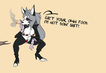 anthro black_body black_fur boots breasts cigarette clothing collar digitigrade female footwear fur furgonomics grey_body grey_fur high_heeled_boots high_heels leggings legwear looking_at_viewer multicolored_body multicolored_fur pasties profanity red_sclera shoes simple_background smoking solo spiked_collar spikes tail text white_body white_eyes white_fur artblush hellaverse helluva_boss mythology loona_(helluva_boss) canid canid_demon canine demon hellhound mammal mythological_canine mythological_creature 2020 english_text