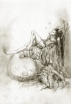 anthro armor blood bodily_fluids bottomwear clothing decapitation duo female feral hair long_hair lying resting shorts solo_focus tree_stump alectorfencer canid canine mammal full-length_portrait monochrome portrait traditional_media_(artwork)