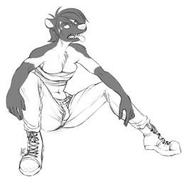 anthro bare_shoulders biped boots bottomwear breasts chest_tuft chest_wraps cleavage clothed clothing fangs female footwear fur midriff navel pants shoes simple_background sitting solo spread_legs spreading teeth tomboy tongue tongue_out tuft white_background wraps grapeyguts unknown_species greyscale monochrome source_request