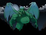 anthro big_pecs claws green_body macro male moon mountain musclegut muscular muscular_arms navel night nipples pecs solo tentacles wings yellow_eyes yellow_sclera cronolm cthulhu_mythos h._p._lovecraft cthulhu cephalopod eldritch_abomination marine mollusk 4:3 absurd_res hi_res