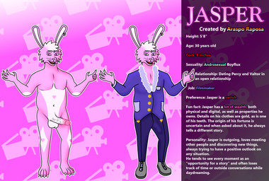 anthro balls clothed clothing erection genitals looking_at_viewer male nude open_mouth penis simple_background smile solo standing text araspo jasper_(araspo) lagomorph leporid mammal rabbit absurd_res digital_media_(artwork) english_text hi_res model_sheet