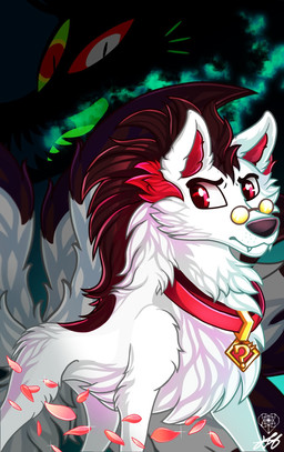 3_eyes background_eyes background_smoke black_mane collar corruption duo eyewear feral fur glasses hair male mane multi_eye multi_tail open_mouth petals possession quadruped red_eyes rose_petals tail white_body white_fur stainedglasslh mystery_skulls murder_mystery_(mystery_skulls) mystery_(mystery_skulls) canid canine fox mammal digital_media_(artwork) hi_res