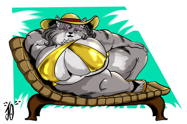 anthro big_breasts bikini breasts chair clothing female fluffy fur furniture gold_bikini grey_body grey_fur hair hat headgear headwear huge_breasts long_hair looking_at_viewer makeup mature_female overweight overweight_female smile solo stripes sun_hat sunbathing swimwear thick_thighs two-piece_swimsuit zalata_(infinitesimalj0) infinitesimalj0 golden_week domestic_cat felid feline felis mammal absurd_res hi_res