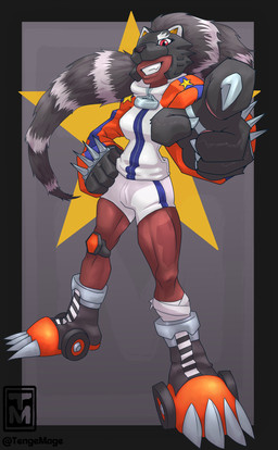 armor bandage boots brown_body brown_skin claws clothing female finger_claws footwear gloves hair handwear headgear helmet looking_at_viewer muscular muscular_female muscular_thighs pawpads ponytail red_eyes shoes simple_background solo spikes star sweater teeth toothy_smile topwear wheel zipper tenge_mage bandai_namco digimon mon bearcatmon humanoid hi_res