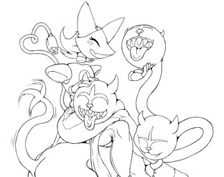 3_heads ambiguous_gender anthro big_ears clothing duo female female/female feral happy heart_symbol horn leggings legwear machine multi_head petting smile tail tail_motion tailwag big_sis_(artist) deltarune undertale_(series) clover_(deltarune) tasque_manager canid canine darkner domestic_cat felid feline felis mammal robot monochrome